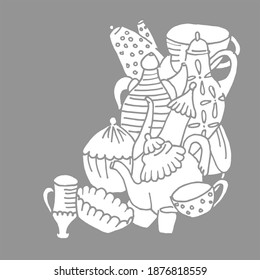 vector illustration doodle with set of tea utensils, cups, teapots, etc.