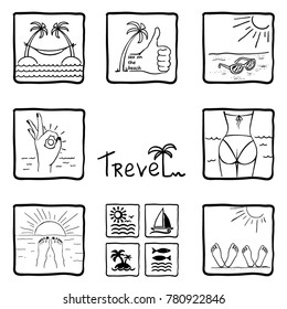 vector illustration doodle, set of travel icons, summer logo, palm, sea, ship.