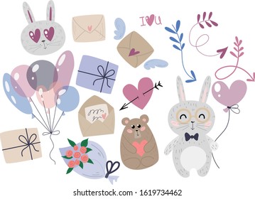 Vector illustration / Doodle set of valentine day / romantic bunny with gifts