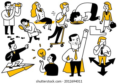 vector illustration doodle set of various character, businessman and businesswoman, in many acitivies. Concept in vision, development, creative idea, freedom, curiosity, direction, promotion, startup.