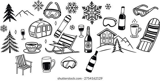Vector illustration doodle set of winter resort elements. Mountains, cabin, cable car, skis, snowboards, drinks, chair. Snowy background.