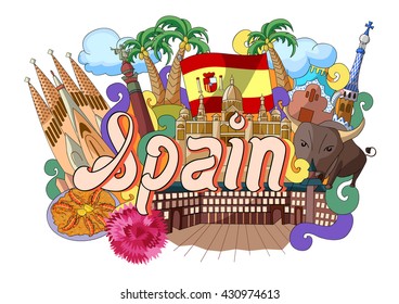 ilustración vectorial de Doodle que muestra la arquitectura y la cultura de España