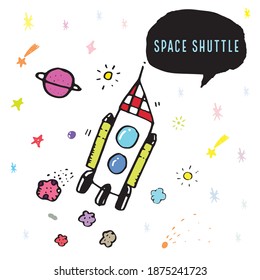 Ilustración vectorial del Doodle lindo Transbordador Espacial y niños, adorable tirado por la mano, nave espacial con cohetes