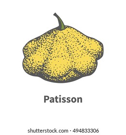 Vector illustration doodle sketch hand-drawn patisson. Isolated on white background. The concept of harvesting. Vintage retro style. Yellow ripe large squash.