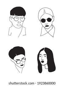 Vector illustration with doodle sketch. Linear portrait of woman, men. 