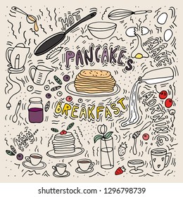 Vector illustration. Doodle sketch. Pancakes maker. Morning meal.