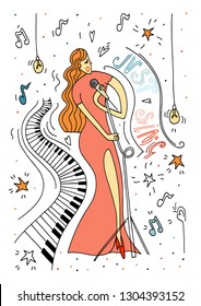 Vector illustration. Doodle sketch. Singing women in red dress. Live music entertainment.