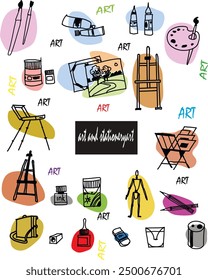 Ilustración vectorial en estilo doodle. Materiales artísticos. Puede ser utilizado como tarjeta, en un libro, papel de embalaje, en un Sitio web