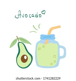 Vector illustration with doodle style avocado & smoothie jar isolated on white background. Flat food drawing with hand written lettering. Vegan/vegetarian healthy snack concept. Menu design element.