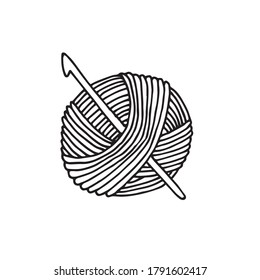 
vector illustration in doodle style. a ball of thread and a crochet hook. crochet, knitting, homework, needlework logo. skein of woolen thread isolated on white background svg