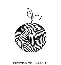 vector illustration in doodle style. a ball of wool for knitting and plant leaves. symbol of sustainable materials, knitting, crocheting, handicrafts, hobbies and needlework. minimalistic eco logo