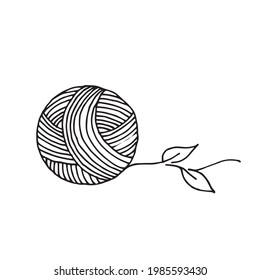 vector illustration in doodle style. a ball of wool for knitting and plant leaves. symbol of sustainable materials, knitting, crocheting, handicrafts, hobbies and needlework. minimalistic eco logo