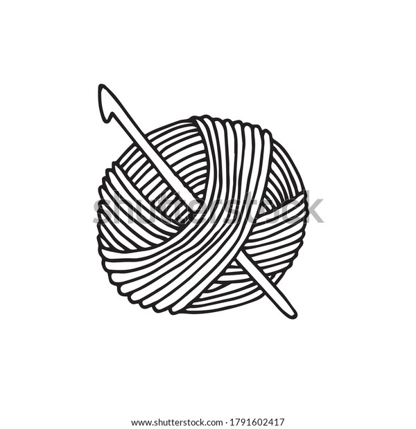 \
vector illustration\
in doodle style. a ball of thread and a crochet hook. crochet,\
knitting, homework, needlework logo. skein of woolen thread\
isolated on white\
background
