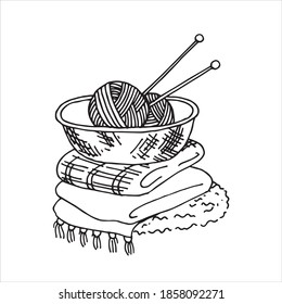 vector illustration in doodle style basket with yarn for knitting, knitting needles, crochet hook. cozy basket for home crafts, hobby symbol, handmade