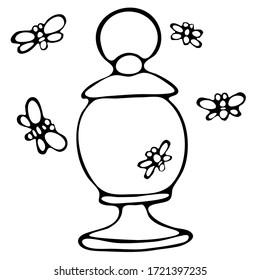 ilustración vectorial en forma de doodle, en negro, luz de calle e insecto, lámpara de camping, aislada en fondo blanco