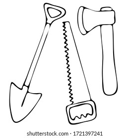 vector illustration in doodle style, in black, tools, shovel, ax, saw, isolate on a white background
