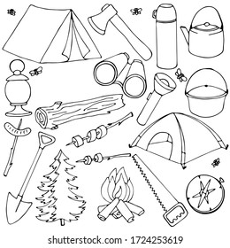 vector illustration in doodle style, in black, set of images of things for camping, tent, fire, fir tree, compass, tools, isolate on a white background