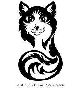 Vector illustration, in doodle style in black, stylized cat, tattoo, isolate on a white background