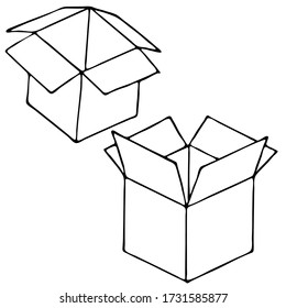 ilustración vectorial en estilo doodle, en negro, caja abierta, aislar sobre un fondo blanco