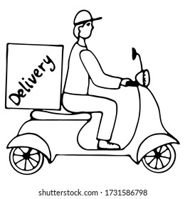 vector illustration in doodle style, in black, scooter, fast delivery vehicle, isolate on a white background