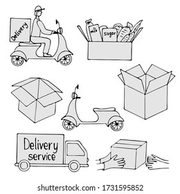 vector illustration in doodle style, in black, set of elements, auto, scooter, box, transport for fast delivery of products, isolate on a white background