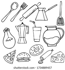 vector illustration in doodle style in black, kitchen utensils,food,  tattoo, isolate on a white background
