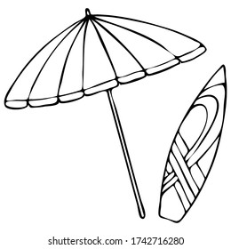 vector illustration in doodle style in black, beach umbrella, surfboard, vacation at sea, isolate on a white background