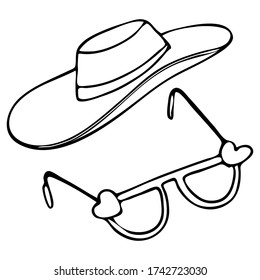 ilustración vectorial en estilo doodle en negro, sombrero de playa, gafas de sol, vacaciones en el mar, aíslar sobre un fondo blanco