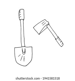 ilustración vectorial en forma de doodle, en negro, herramientas, pala, hacha, aíslar sobre un fondo blanco