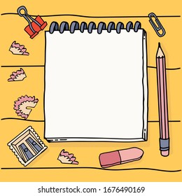 Vector illustration in doodle style  with blank spiral notebook, pencil, sharpener and eraser. Template for design. Hand drawn mockup for design with text.