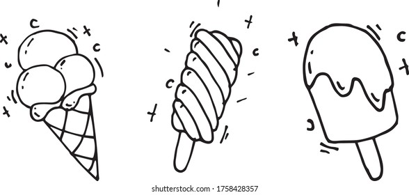 Vector illustration in doodle style, cartoon, flat. ice cream set. Cute line drawing, set of ice creams Isolated on a white background. design element for children, holiday decoration, beach vacation