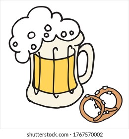
vector illustration in doodle style, cartoon. mug of beer and pretzels with salt. simple beer and snack icon, for St. Patrick's Day, oktoberfest. beer art clip