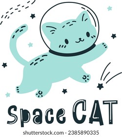 Vector illustration in doodle style. The cat flies in space among the stars, inscription Space cat
