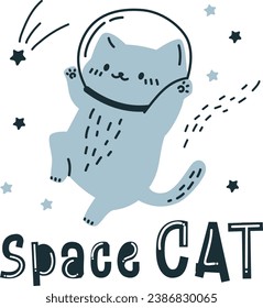 Vector illustration in doodle style. The cat flies in space among the stars, inscription Space cat