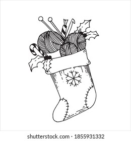 
vector illustration of doodle style christmas sock with knitting yarn, knitting needles and crochet hook. festive, New Year's illustration on the theme of a hobby, cozy needlework