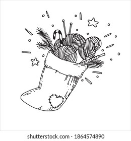 
vector illustration in doodle style. Christmas sock with gifts yarn, knitting needles, crochet hook. gift for new year and christmas, symbol of knitting, crocheting, needlework, hand made
