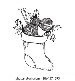 vector illustration in doodle style. Christmas sock with gifts yarn, knitting needles, crochet hook. gift for new year and christmas, symbol of knitting, crocheting, needlework, hand made