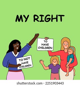 Vektorgrafik im Doodle-Stil Konzept zum Thema reproduktive Gerechtigkeit.
Eine Afro-Frau will keine Kinder, und eine andere Frau mit Kindern will sie.