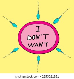 Ilustración vectorial en el concepto de doodle sobre el tema de la justicia reproductiva.
Spermatozoa quiere fertilizar el huevo, y dice "No quiero" letras planas al estilo doodle.