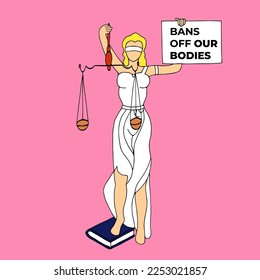 Vektorgrafik im Doodle-Stil Konzept zum Thema reproduktive Gerechtigkeit.Justiz Statue halten Waagen und Poster mit Zitat "Verbote unserer Körper".