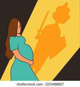 Ilustración vectorial en el concepto de doodle sobre el tema de la justicia reproductiva.
La sombra de una niña embarazada en la pared se refleja en una mujer guerrera