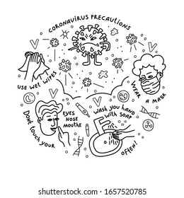 Vector illustration in doodle style. The coronavirus and methods of protection against it are drawn. Clean hands, mask, crowd.