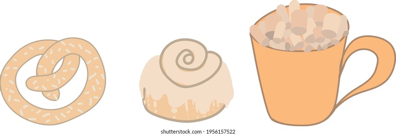 Vector illustration in doodle style. A cup of coffee or cocoa with marshmallows. Sweet buns. Delicious pastries. Each object is isolated.