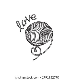 
Vektorgrafik im Doodle-Stil. süßer Garnkugel mit Herz und Inschrift Liebe. Logo-Stricken, handgefertigt, Hausaufgaben. ein Stück Wollfäden zum Stricken und Häkeln. einzeln auf Weiß