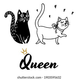 Ilustración vectorial en estilo doodle. El lindo gato negro se enamoró del arrogante y hermoso gato blanco, estaba fascinado por ella y no tenía palabras. Inscripción de reina. Tarjeta de San Valentín.