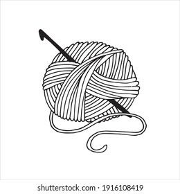 
vector illustration in doodle style. cute ball of yarn and a crochet hook. black and white illustration, logo, icon. knitting, crocheting, hobbies svg