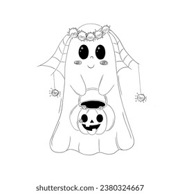 Vector illustration in doodle style of a cute ghost in a wedding veil-web with dangling spiders. The ghost looks like a bride and carries a basket - pumpkin. Card or invitation Happy Halloween.