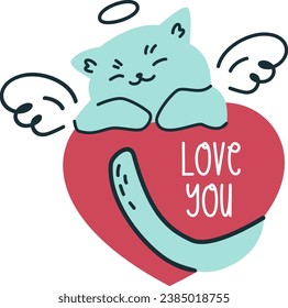 Vector illustration in doodle style. Cute kitten with wings sleeping on a big heart. Inscription love you 