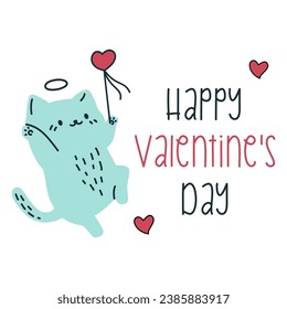 Vector illustration in doodle style. Cute kitten bouncing around with a magic wand. Happy valentine's day inscription 