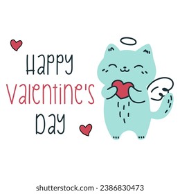 Vector illustration in doodle style. Cute Cupid's kitten holds a heart. Happy valentine's day inscription 